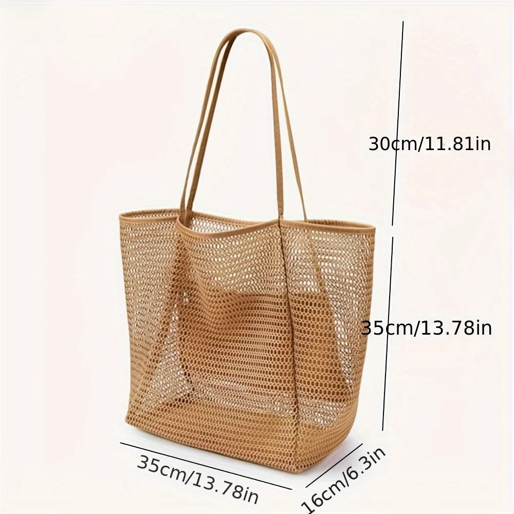 Women's Large Capacity Beach Tote Bag – Durable Polyester Woven Shoulder Bag for Travel & Shopping