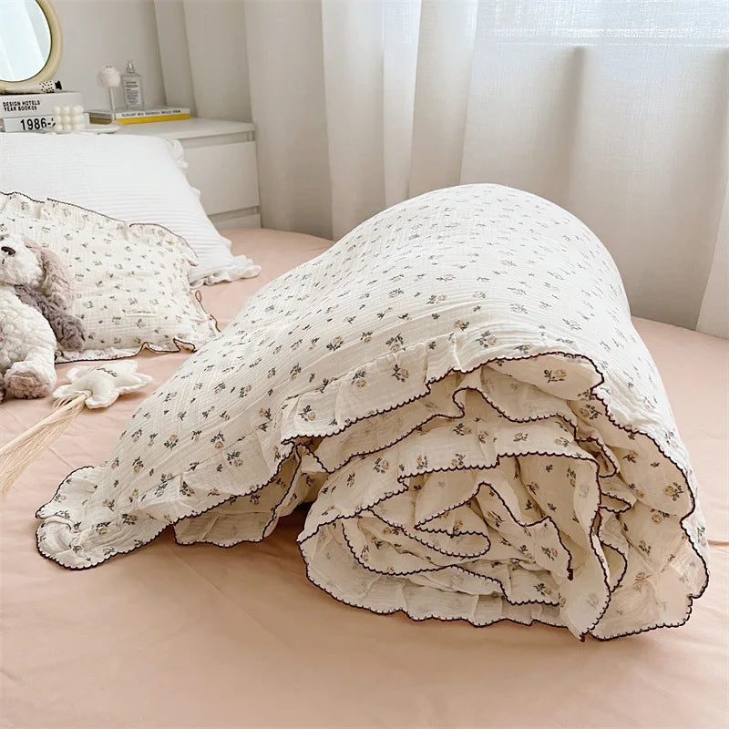 Princess Ruffle Bedding Set – 100% Cotton Gauze Duvet Cover with Pillowcases, Floral, 3-Piece