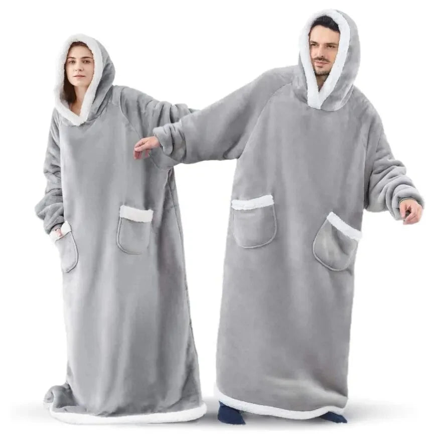 Super Long Flannel Blanket Hoodie – 180cm Oversized Fleece Sweatshirt with Sleeves for Women & Men