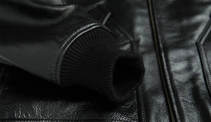 Men's Black Glossy Genuine Cowhide MA-1 Flight Jacket — Military Bomber with Point Collar