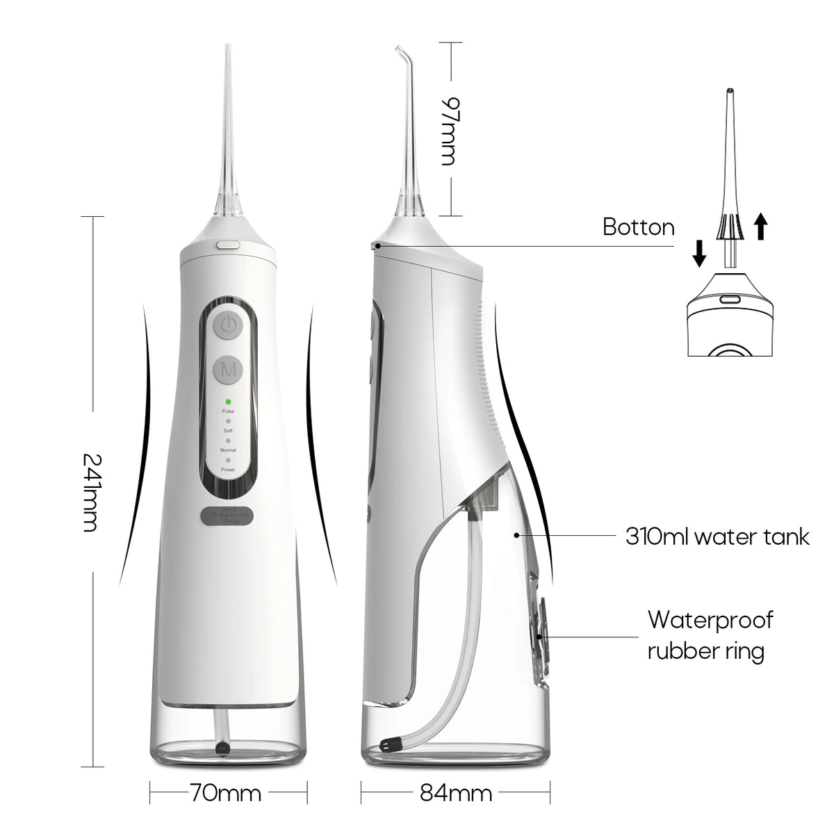 Portable Oral Irrigator – USB Rechargeable, 310ml Tank, 4 Pressure Modes, IPX7, 4 Nozzles