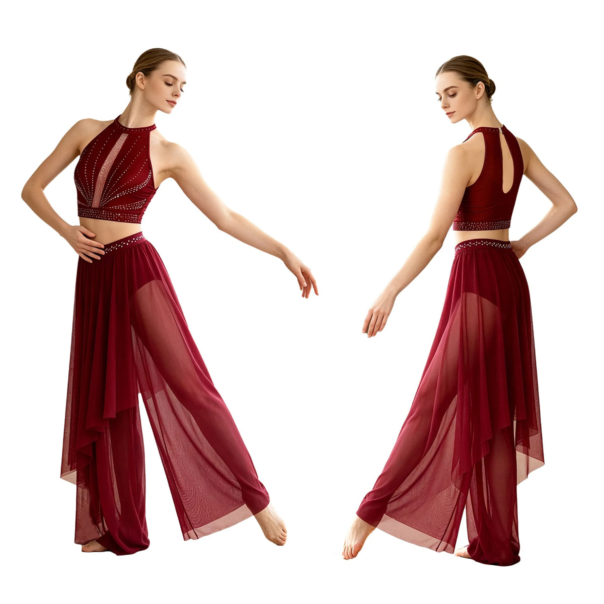 Women's Dance Performance Costume – Shiny Crop Top & Sheer Pants for Skating, Gymnastics & Ballet