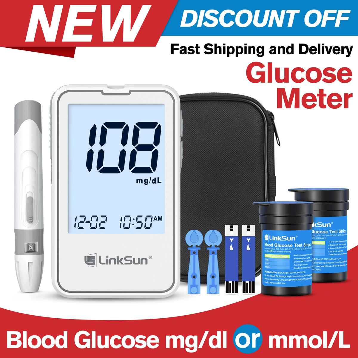 LinkSun G-425-2 Blood Glucose Meter Complete Kit – No Coding Glucometer with Test Strips & Lancets for Diabetes Monitoring