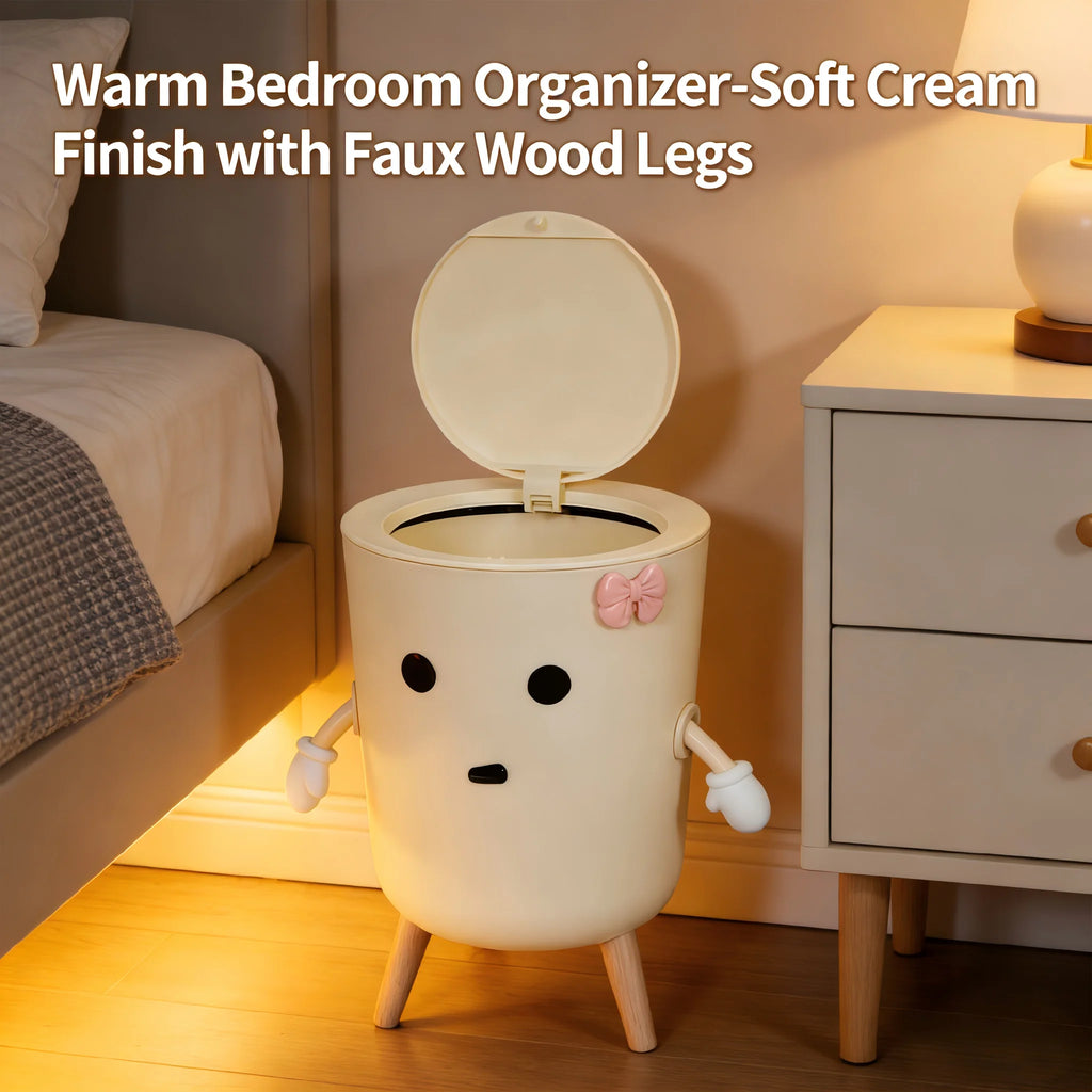 Cream cartoon trash can with an open flip lid, a face, small arms, and faux-wood legs