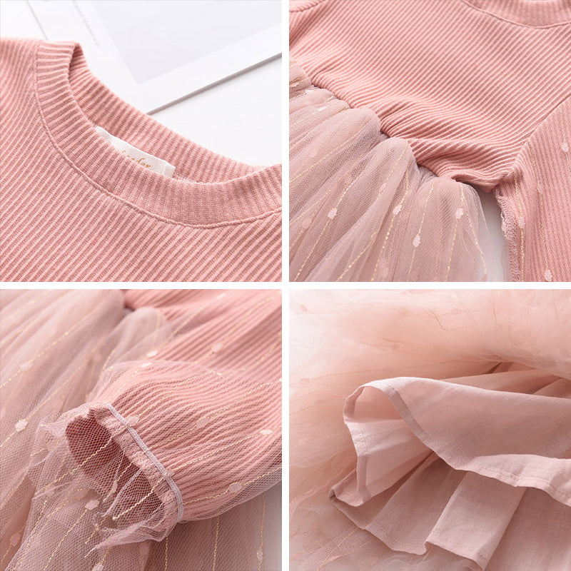 Girls Mesh Cotton Long Puff Sleeve Princess Dress — Cute Costume Dress for Kids