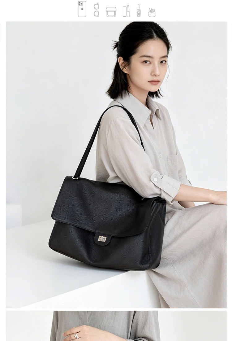 Head Layer Cowhide Leather Commuter Tote Bag – Large Capacity Crossbody Shoulder Bag for Women