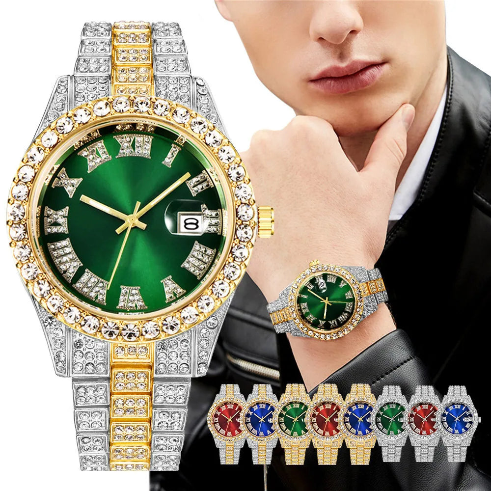 Men's Classic Golden Roman Rhinestone Quartz Watch | Steel Strap Calendar Fashion Wristwatch