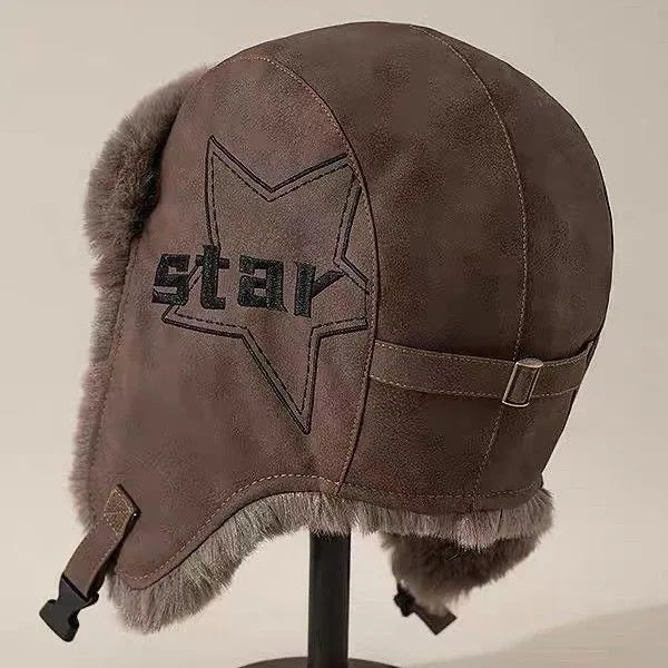 Faux Leather Trapper Hat with Plush Lining and Ear Flaps