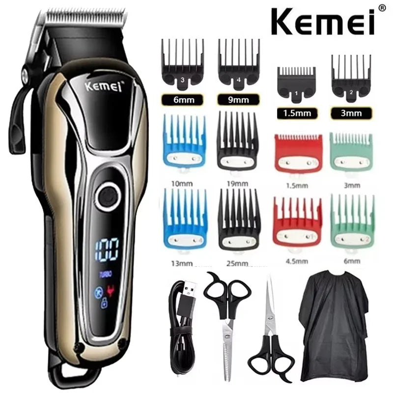 Kemei KM-1990 Professional Hair Clipper – LCD Display, 120-Min Battery, Almighty Grooming Set