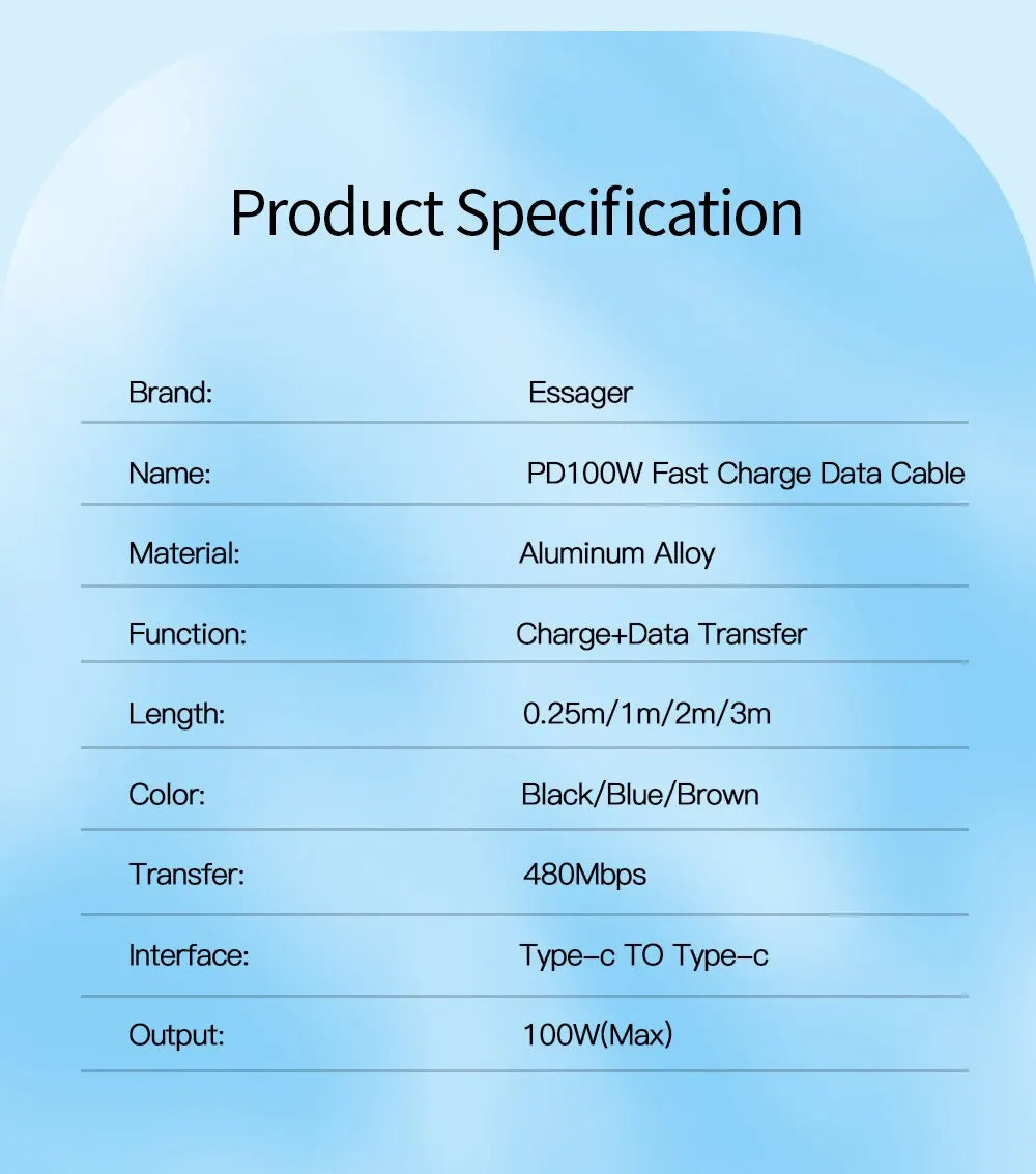 Fast Charge Everything. — Essager PD 100W/60W USB-C to USB-C Fast Charging Cable | 0.25m, 1m, 2m & 3m, Xiaomi, Samsung, Huawei, MacBook, iPad, Black, Blue & Brown