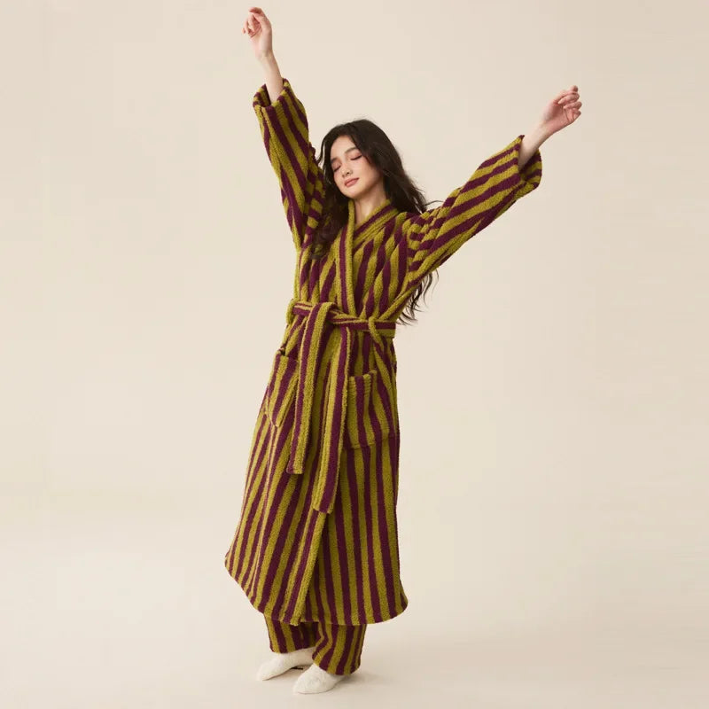 Thickened Flannel Robe & Pants Pajamas Set | Couple Coral Velvet Striped Bathrobe Homewear
