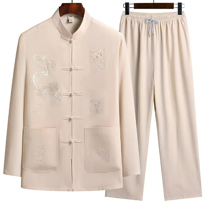 Men's Chinese Style Long Sleeve Shirt & Elastic Waist Pants Casual Set