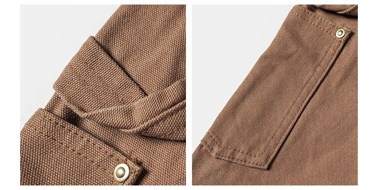 Close-up detail shots of a brown woven fabric garment, showing a folded cuff with a metal snap and a pocket with a matching snap closure, on a light gray background.