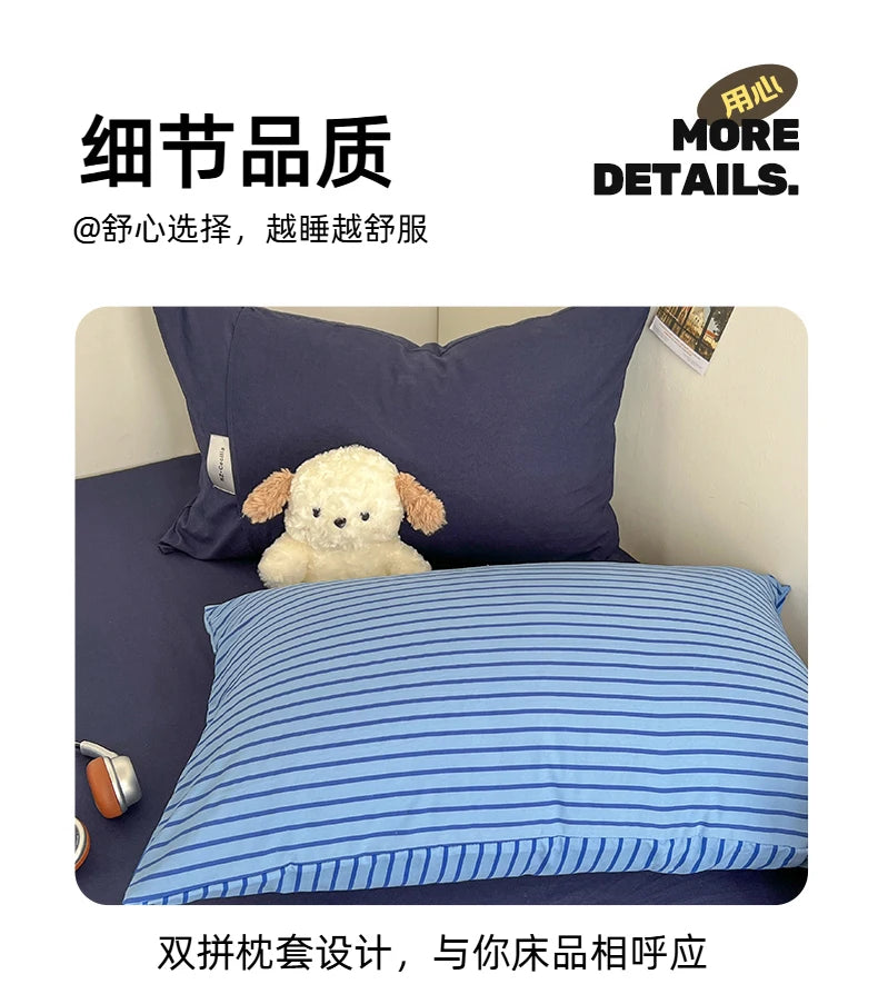 Stripe Print Washed Polyester Bedding Set – 3 or 4-Piece Duvet Cover with Sheet & Pillowcases, 6 Colors