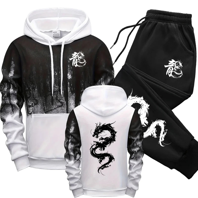 Men's Chinese Dragon Print Hooded Sweatshirt & Sweatpants Set – Autumn Winter Casual
