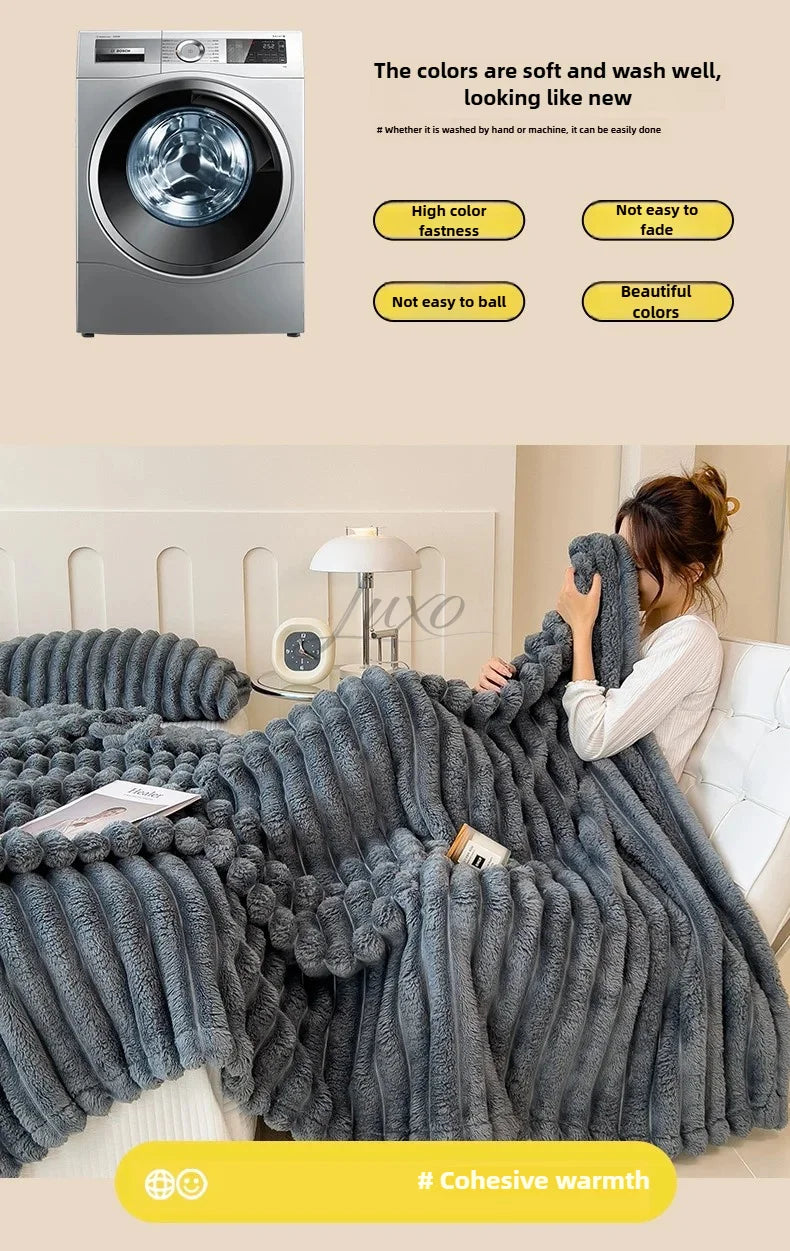 Striped Plush Blanket – Soft Faux Rabbit Fur Throw