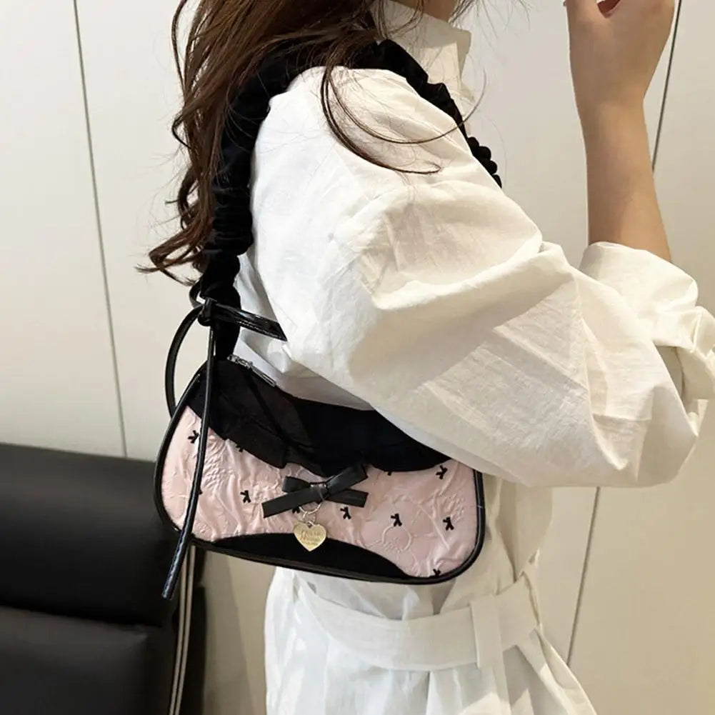 New Cute Checkered Handbags Sweet Lace Underarm Bag Bowknot Armpit Shoulder Crossbody Bag Y2k Fashion Casual Shoulder Bag