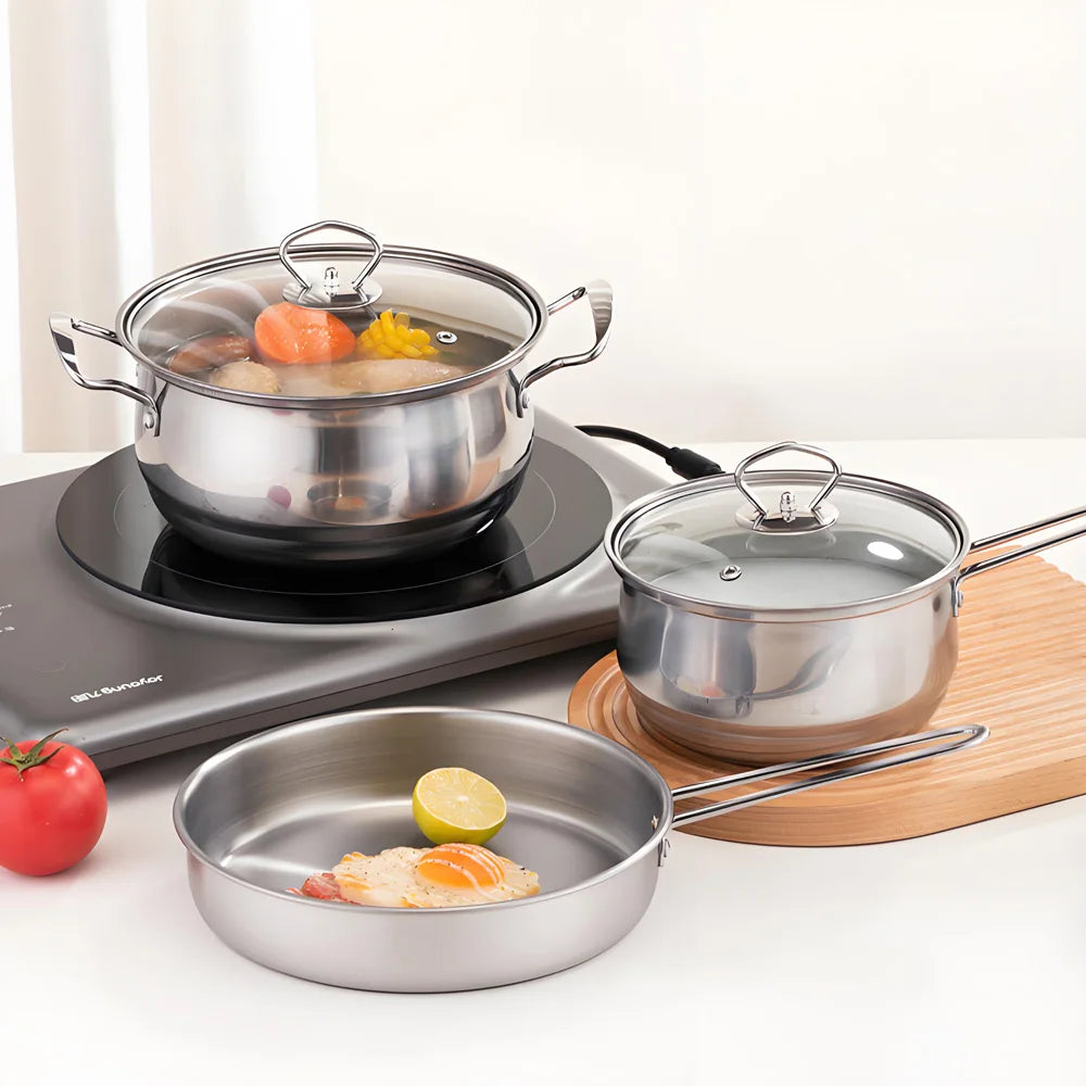 3-Piece Stainless Steel Cookware Set – Stockpot, Saucepan & Frying Pan