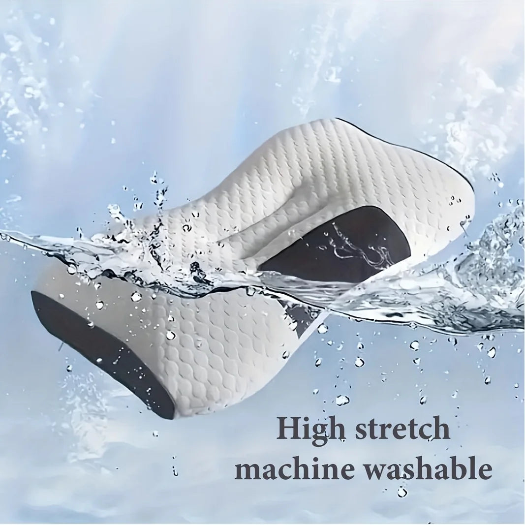 White shoe with black sole being submerged in water, labeled 'High stretch machine washable'.