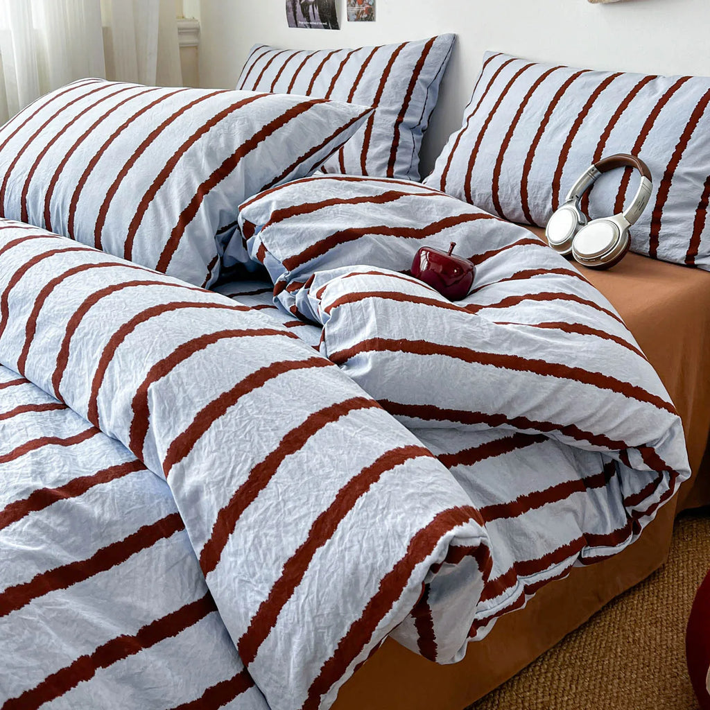Pink Striped Duvet Cover Set – 3-Piece Soft Washed Cotton Bedding for Girls, 150x200cm