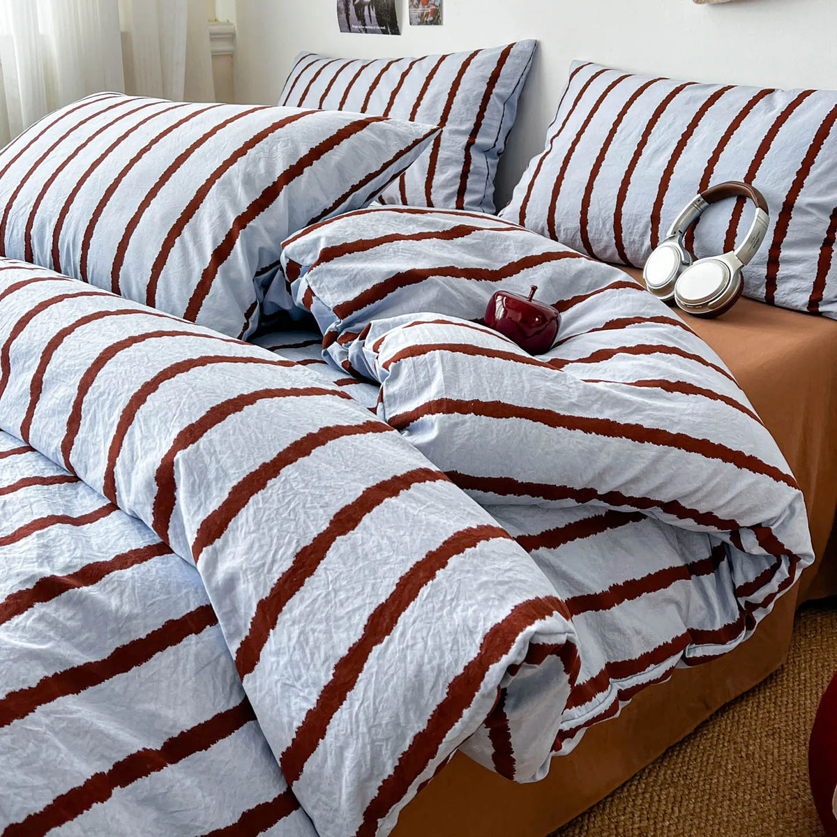 Pink Striped Duvet Cover Set – 3-Piece Soft Washed Cotton Bedding for Girls, 150x200cm