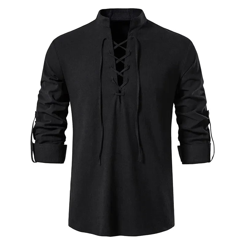 Men's Cotton Linen Drawstring Long Sleeve Shirt — Vintage Casual US Size Top