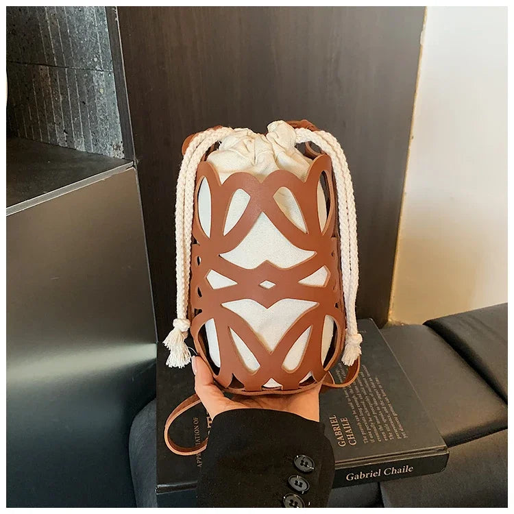 Brilliant Fish Hollow Out Drawstring Mini Bucket Crossbody Bag – Adjustable Strap Shoulder Bag for Women