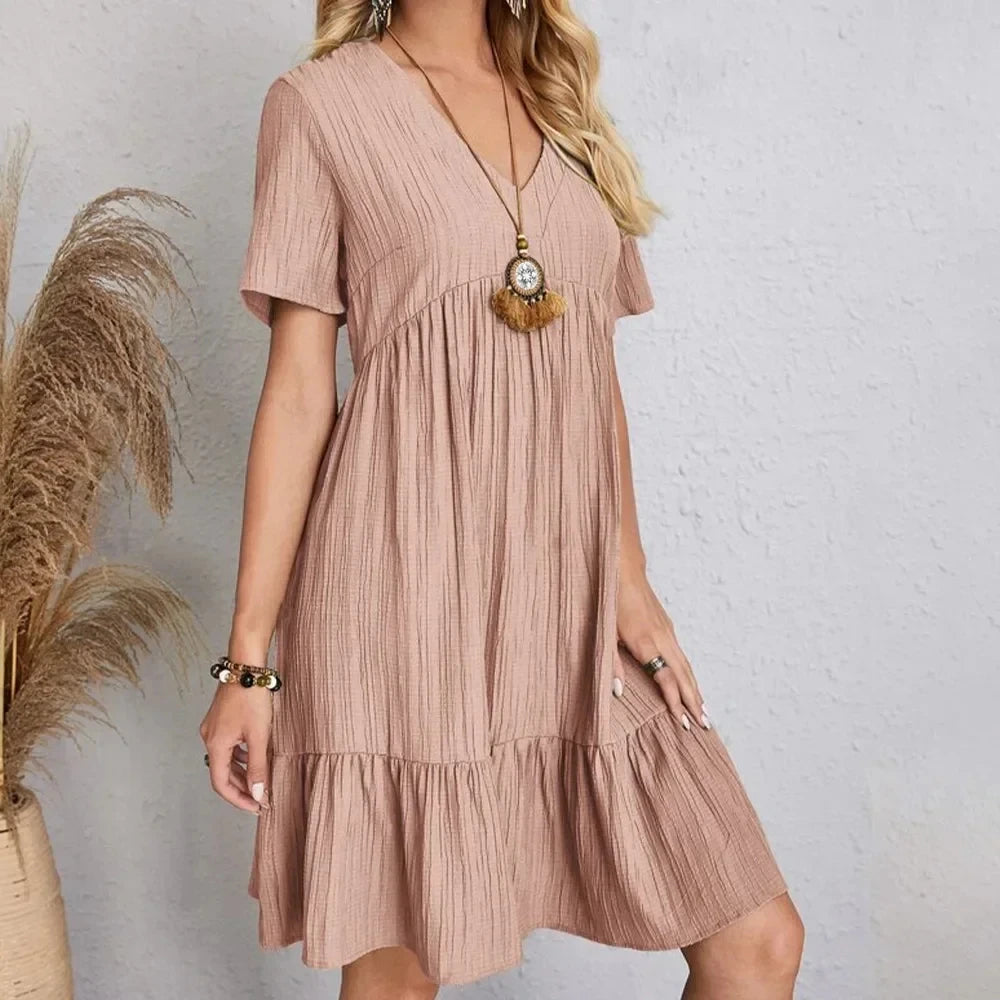 V-Neck Peplum Ruffle Dress — Short Sleeve Fit & Flare Summer Dress