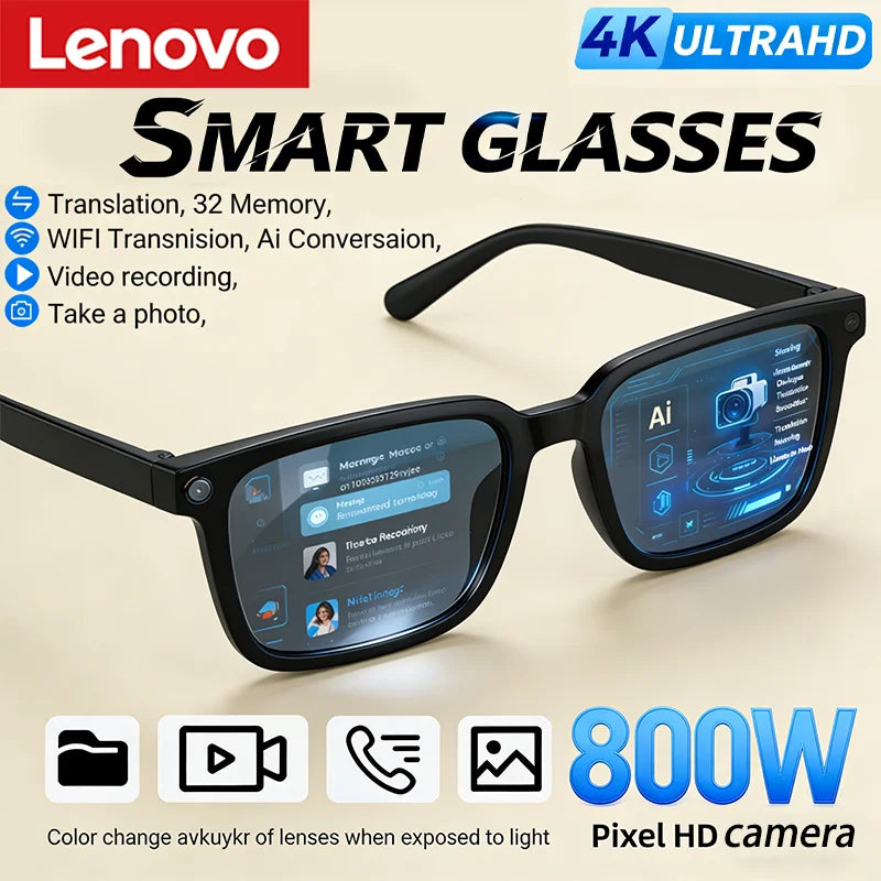 Lenovo AI Smart Glasses — 8MP HD Camera, 4K, AI Translation, Bluetooth Calling & Music