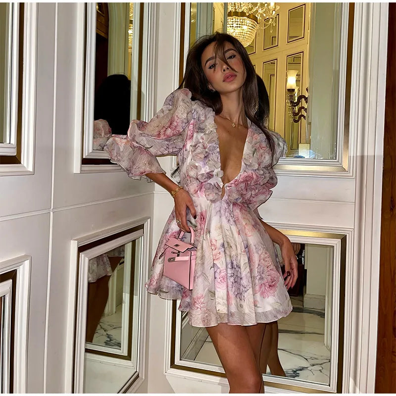 Tie-Dye 3D Flower Mini Dress — Deep V-Neck Flare Sleeve Holiday Dress