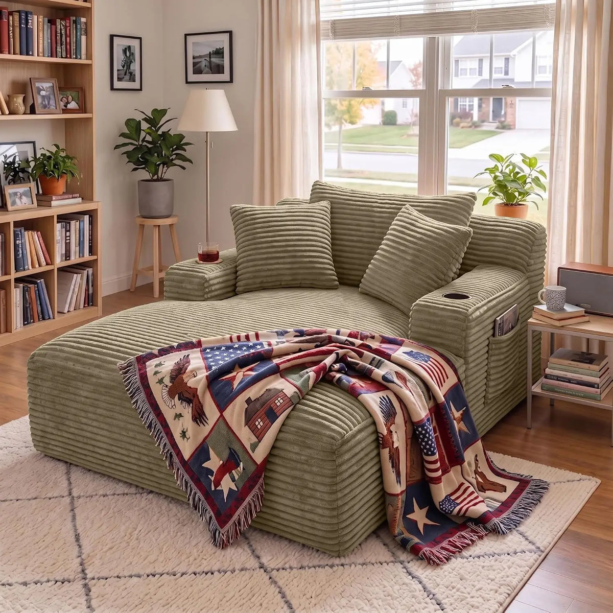 66-Inch Corduroy Chaise Lounge with 3 Pillows