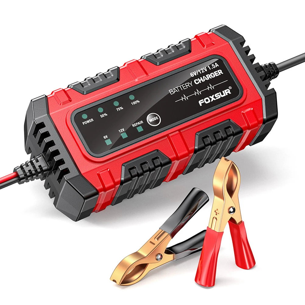 6V/12V 1.5A Smart Car & Motorcycle Battery Charger – Lead-Acid AGM GEL Charging Unit