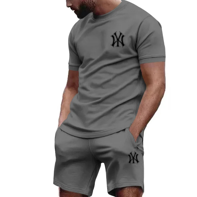 Men's Print Short Sleeve T-Shirt & Drawstring Shorts Running Fitness Set