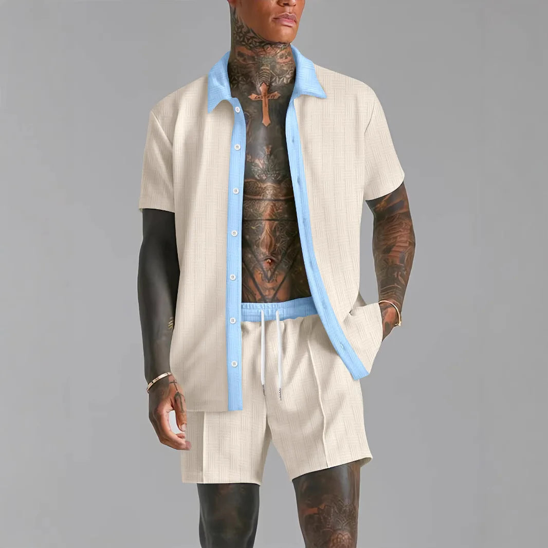 Men's Patchwork Transparent Lapel Shirt & Shorts Set – 2-Piece Summer Streetwear