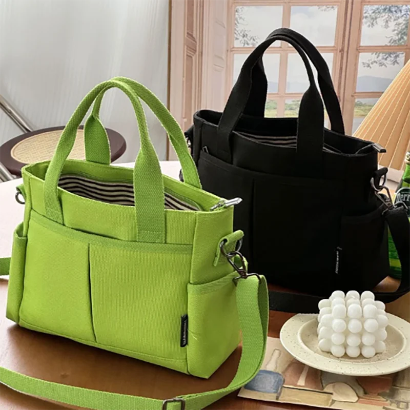 Multi-Pocket Canvas Tote Shoulder Bag – Large Capacity Commuter Shopping Handbag for Women