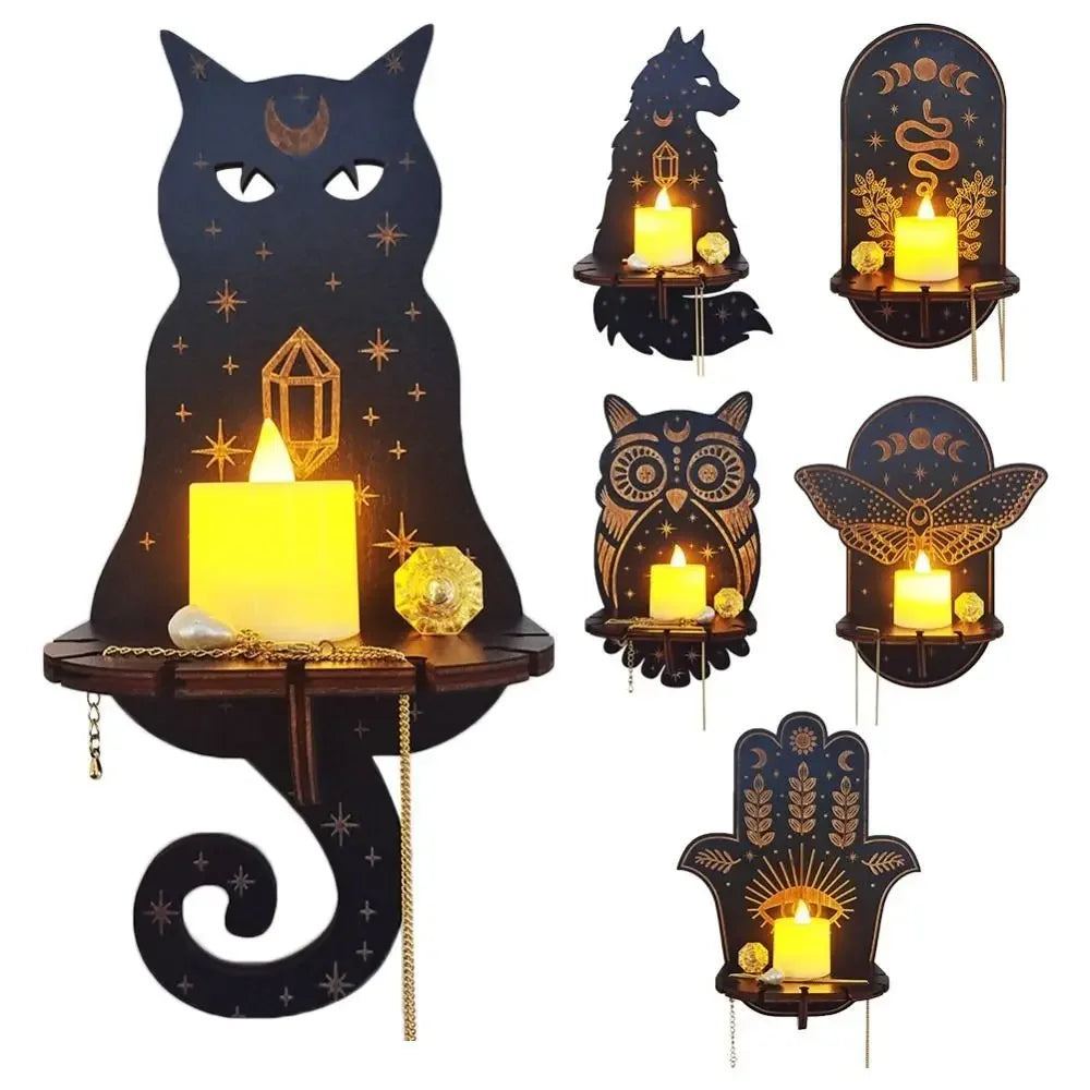 Wooden Carved Wall Shelf & Candle Holder — Hanging Display Stand for Home Decor