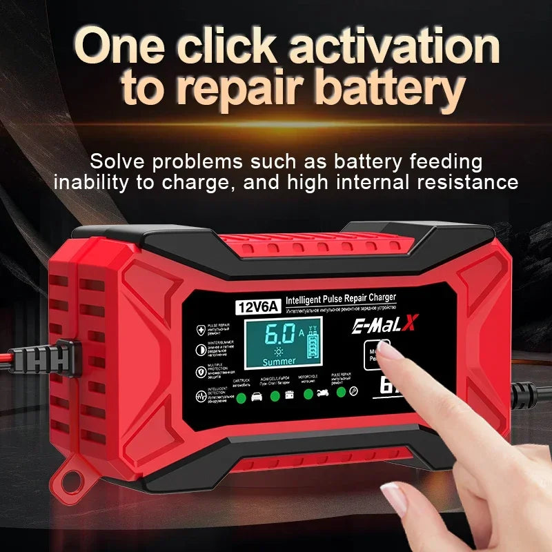 12V 6A Smart Car Battery Charger – Pulse Repair LiFePO4 14.6V Fast Charge AGM GEL Lead-Acid for Auto & Motorcycle