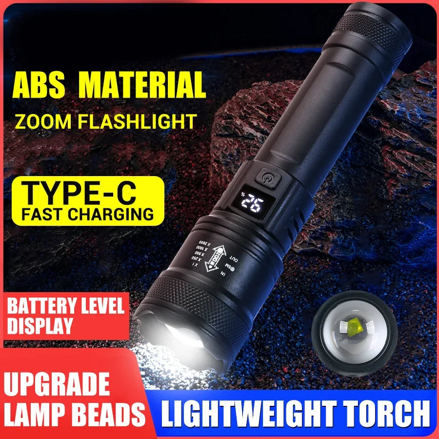 2000LM Tactical LED Flashlight — USB Charging, Zoom, Display, Camping & Emergency