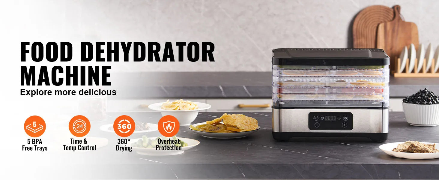 5-Tray Food Dehydrator 300W — Stainless Steel with Digital Timer & Adjustable Temperature