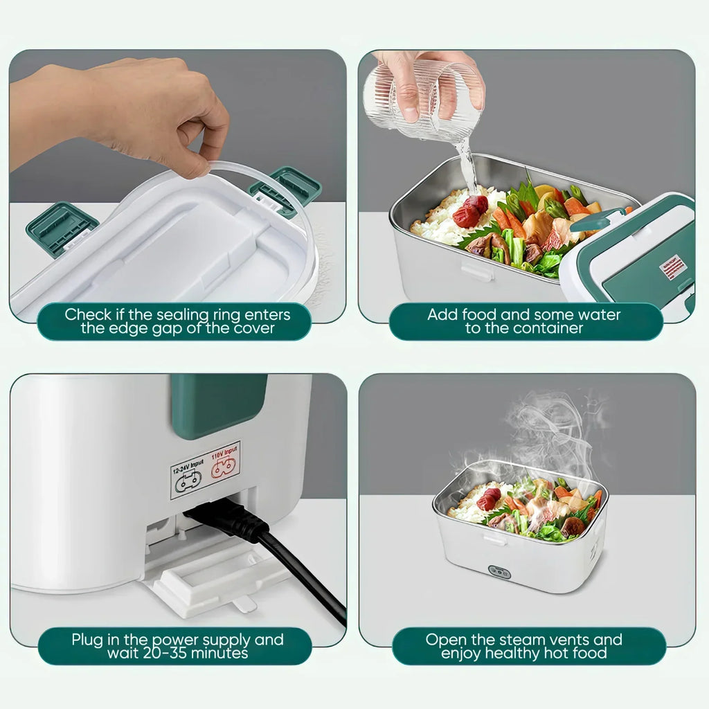 Step-by-step guide on using a food steamer with images of hands adding food and water, plugging in the device, and steaming food.