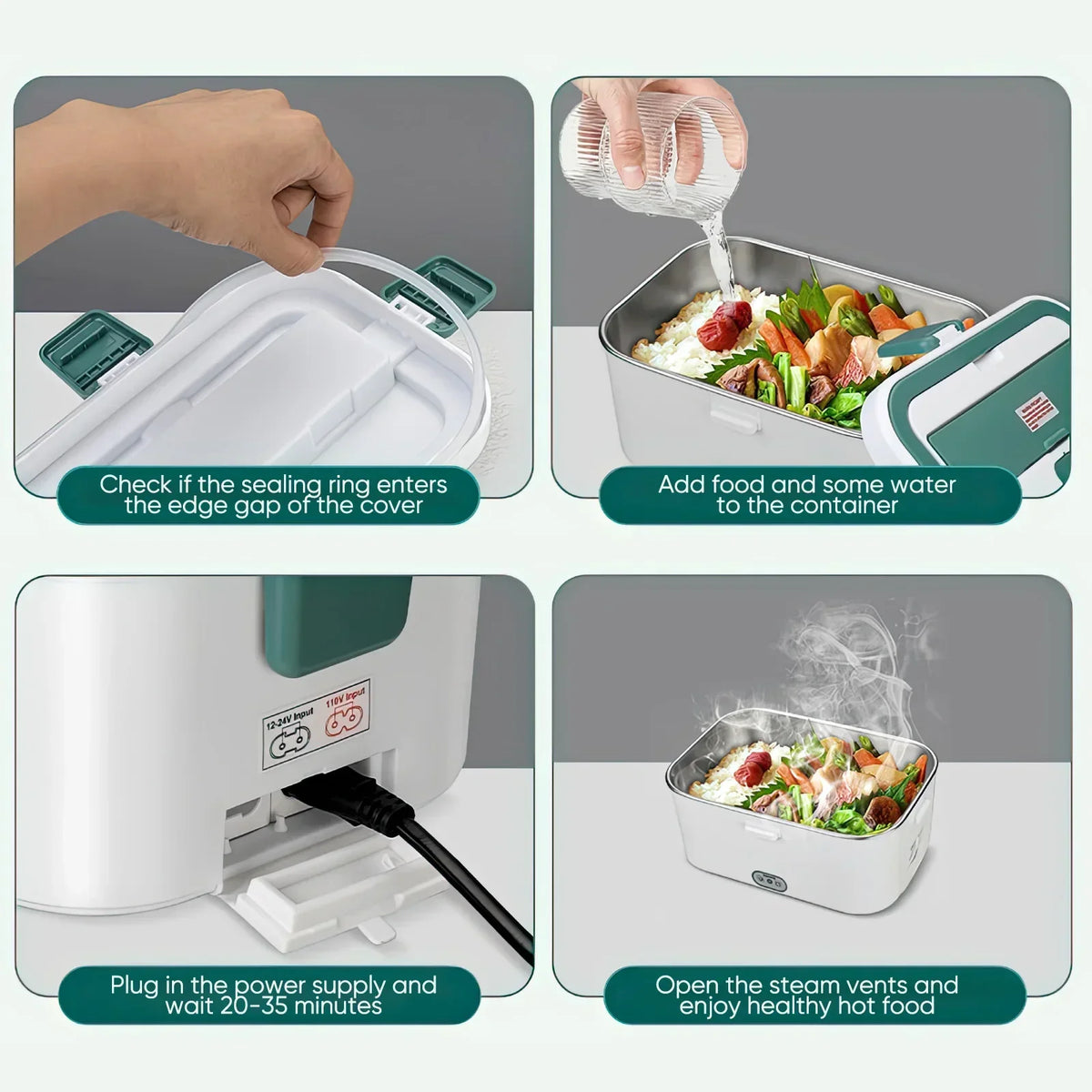 Step-by-step guide on using a food steamer with images of hands adding food and water, plugging in the device, and steaming food.