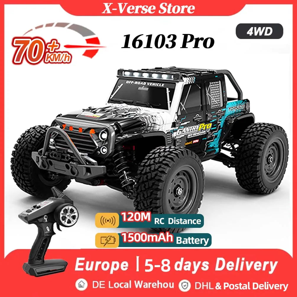 16103 PRO 1:16 Scale 4WD Brushless RC Car – 70KM/H Off-Road Climbing Truck with LED Lights