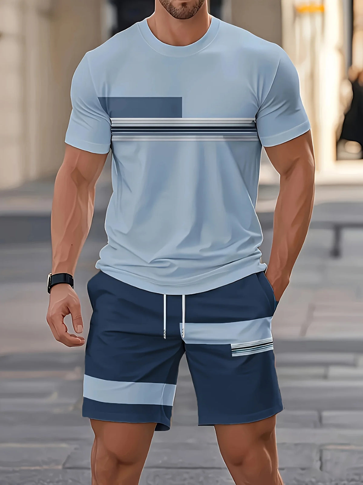 Men's Striped Short Sleeve T-Shirt & Drawstring Shorts Outdoor Travel Set
