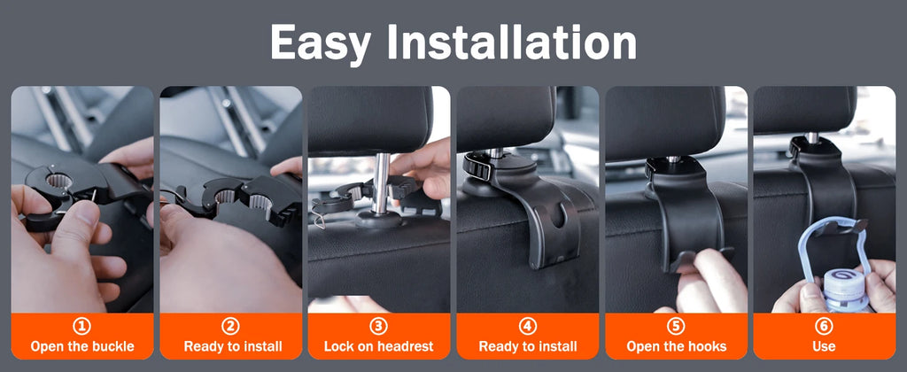 Instruction graphic titled 'Easy Installation' showing six step-by-step photos of a black car headrest buckle clip being installed and used on a car seat, with hand gestures and numbered orange labels.
