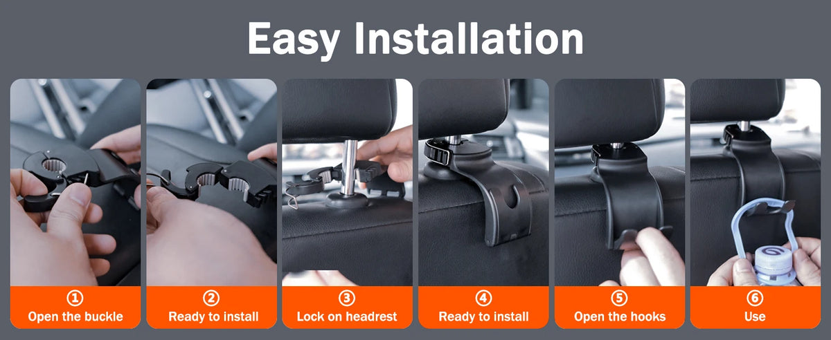 Instruction graphic titled 'Easy Installation' showing six step-by-step photos of a black car headrest buckle clip being installed and used on a car seat, with hand gestures and numbered orange labels.