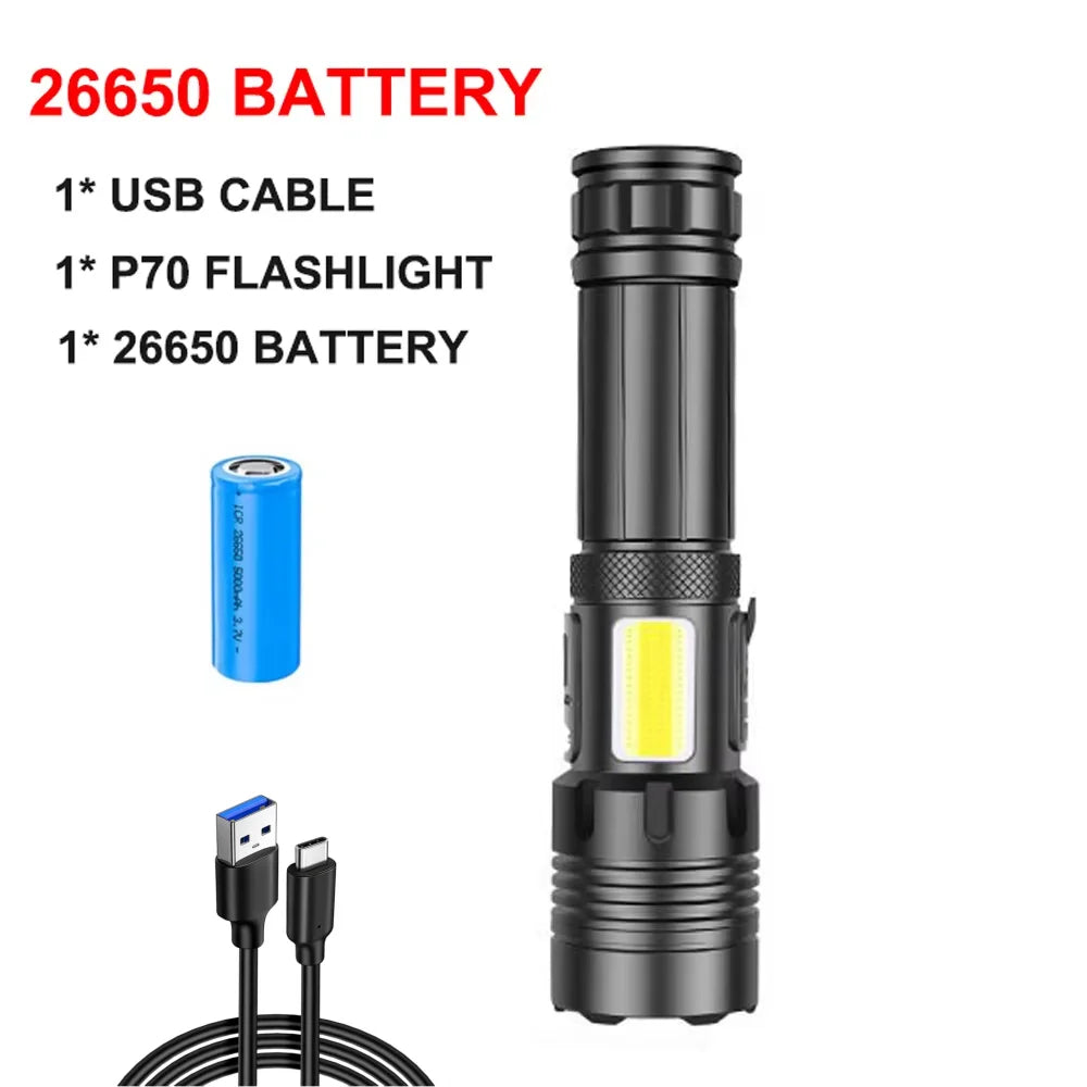 90000 Lumens XHP90 LED Tactical Flashlight – Rechargeable USB Zoomable 7-Mode Torch