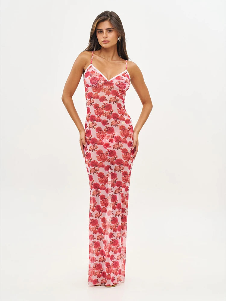 Long Dress Bikini Cover Up | Print Mesh Swimwear, Sexy Floral, Bandage Detail, S-XL
