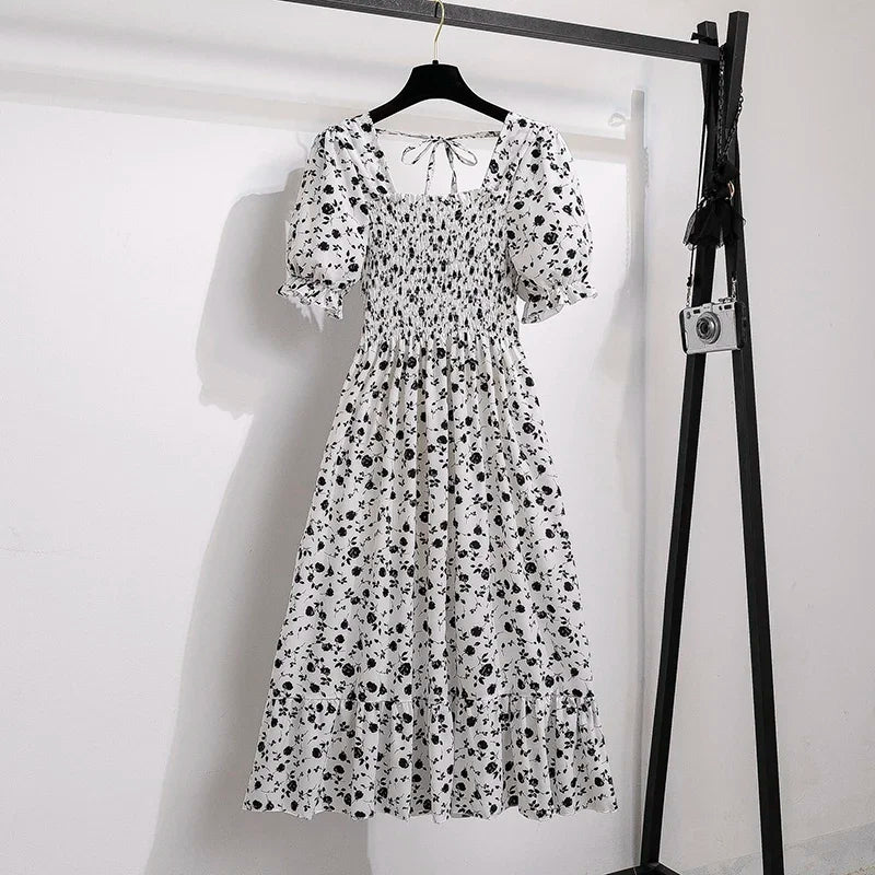 Chiffon A-Line Midi Dress — Elastic Waist Short Sleeve Casual Dress
