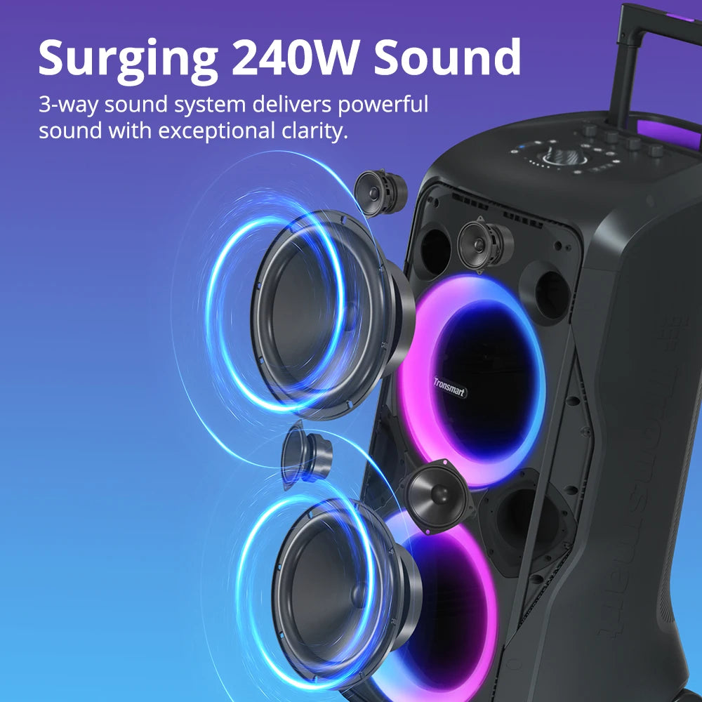 Tronsmart Halo 300 Party Speaker 240W — Bluetooth 5.3, 20H Battery, Mic/Guitar/XLR Input, Light Show
