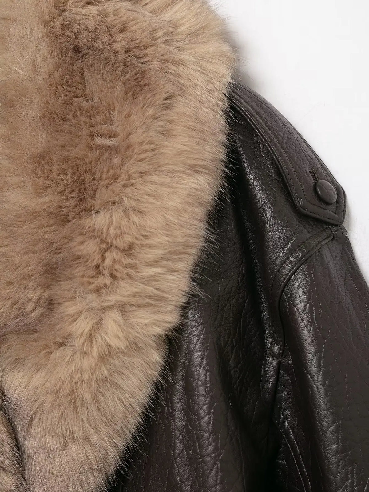 Women's Double-Breasted Faux Fur Collar Leather Bomber Jacket – Loose Warm Streetwear Coat